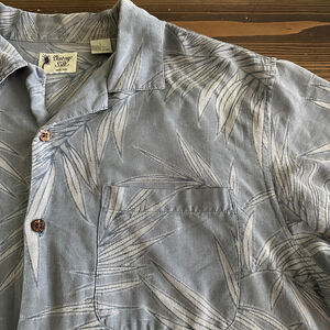 Men’s Vintage Silk L Blue White Palm Leaf Silk Cotton Button Down Shirt Resort